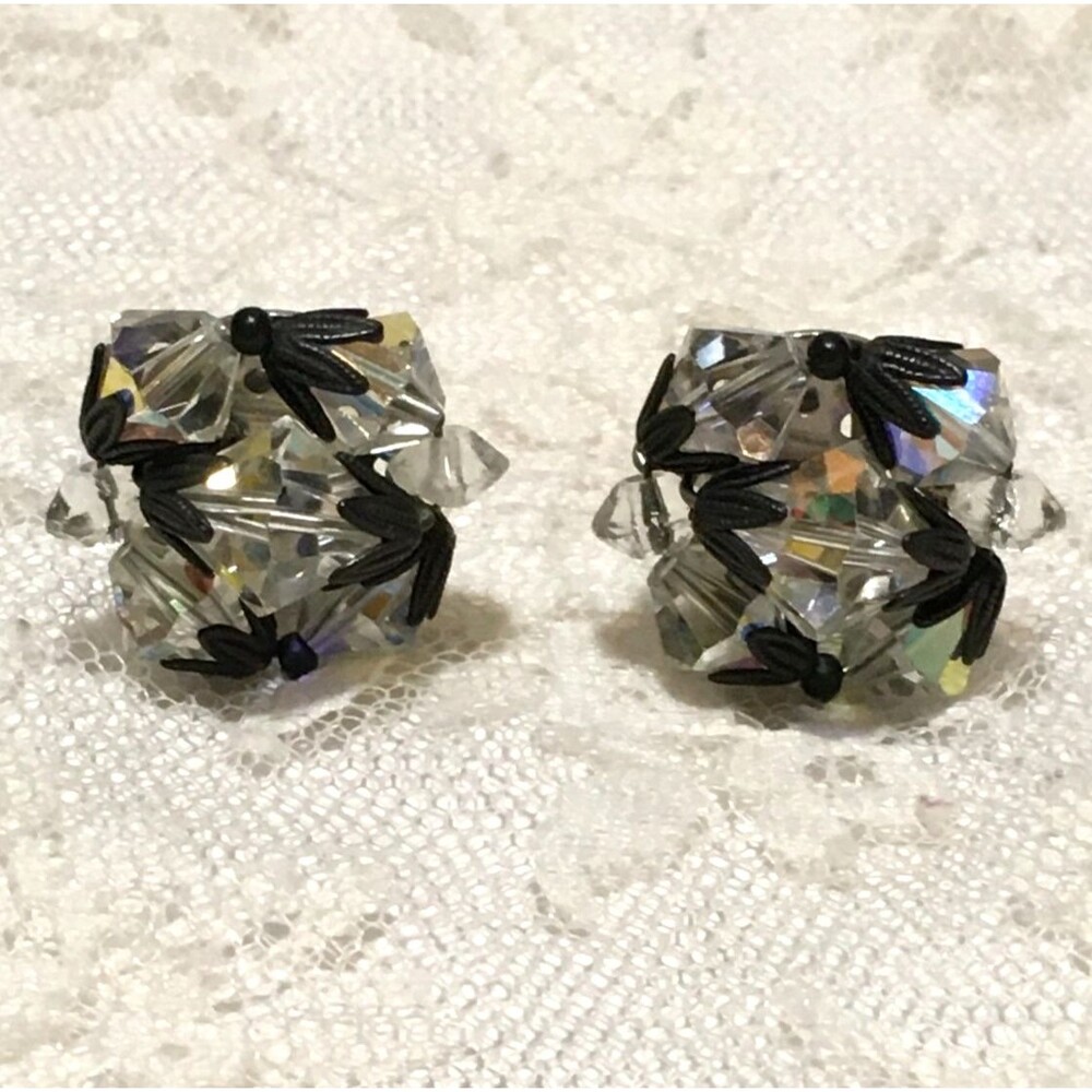 Vintage Crystal Japanned Clip On Earrings Clear AB Mid Century